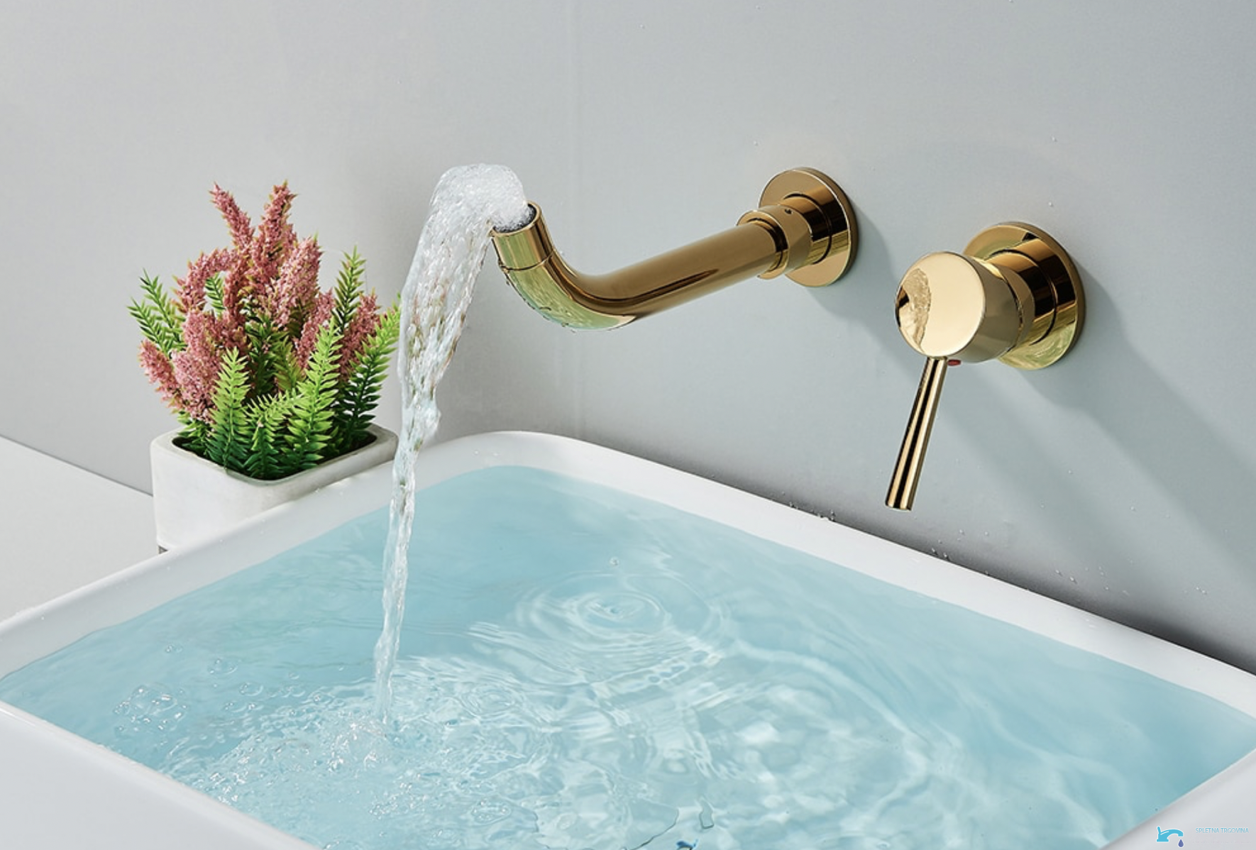 Goldene Unterputz-Waschtischarmatur SG1520 mit separatem Einhebelgriff am weißen Waschbecken