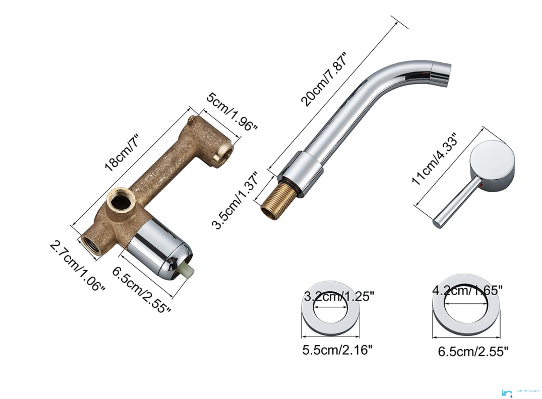 Schema dimensionale del miscelatore da incasso SG1520 con bocca da 20 cm