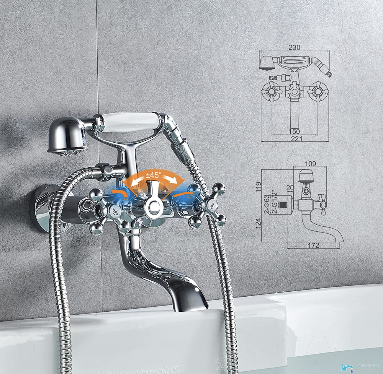 Dimensioni del rubinetto per vasca EYN UC1143 con attacchi G1/2 e interasse di 150 mm