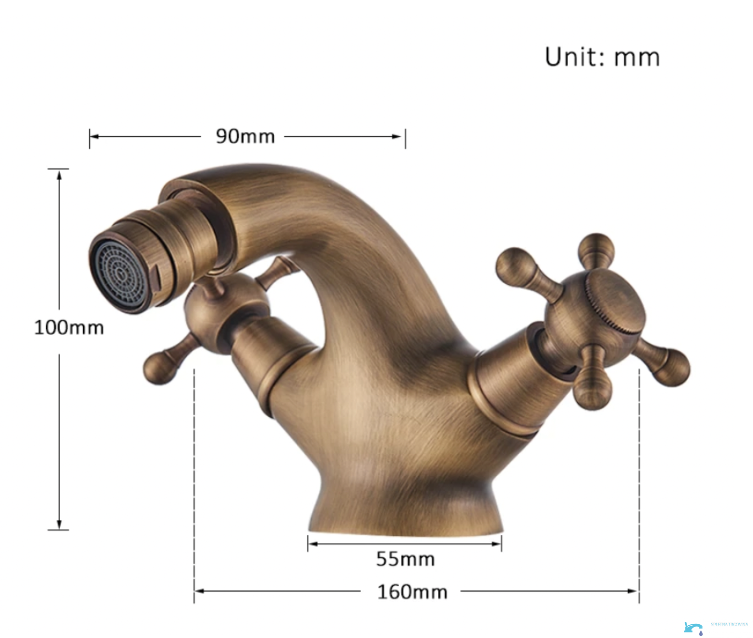 Misure del rubinetto da bidet AQB1144 alto 100 mm e largo 160 mm