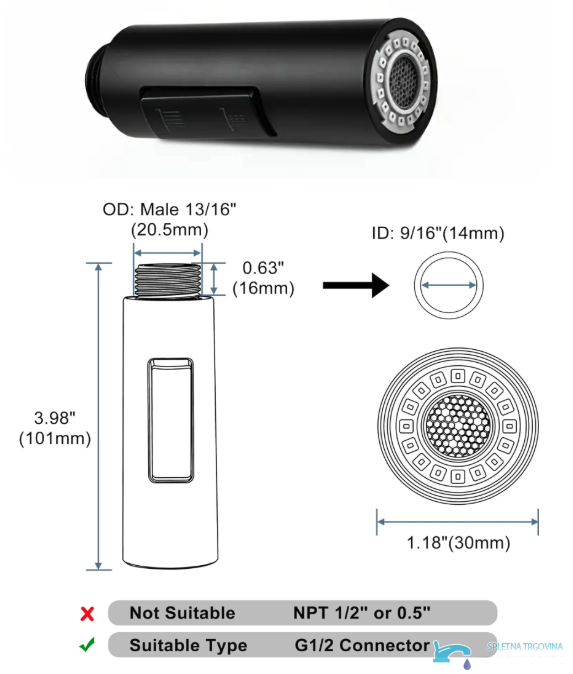 Misure della testina PKF1422 con lunghezza di 101 mm e attacco G1/2