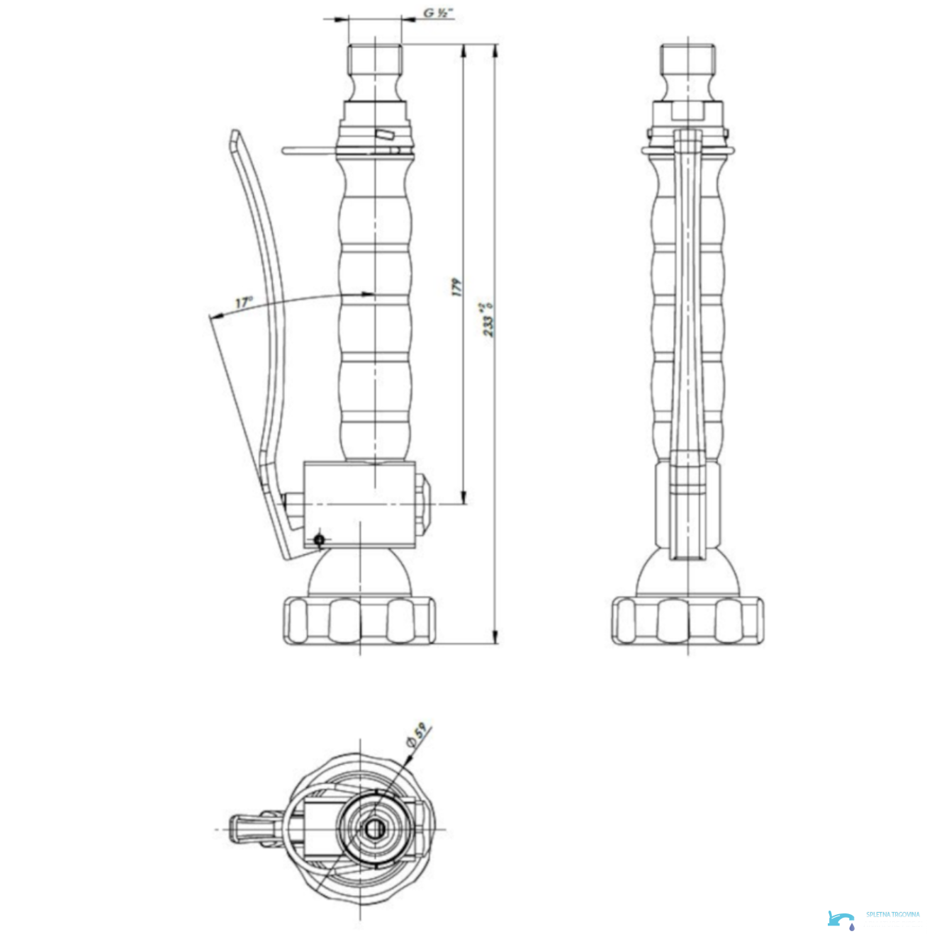 Dimensioni della testina doccetta GL1809 con altezza di 233 mm, diametro di 52 mm e raccordo G1/2