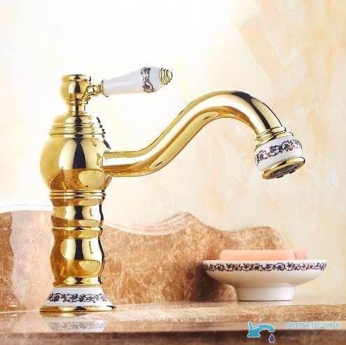 Rubinetto da bagno GB1523 oro lucido con leva in porcellana bianca e decori blu
