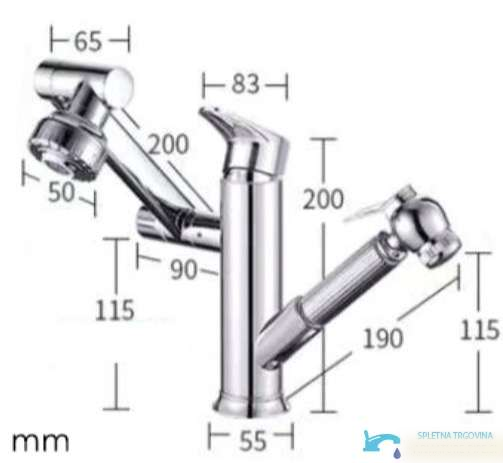 Misure del rubinetto per lavabo BIO1546 con doccetta e bocca orientabile