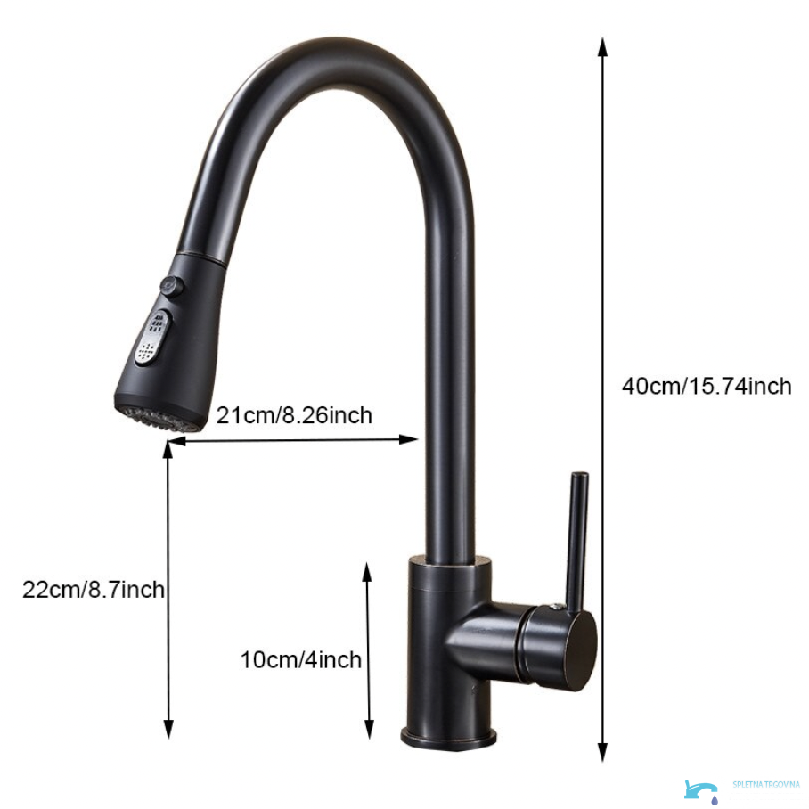 Dimensioni del miscelatore da cucina BI1410 con altezza di 40 cm e sporgenza di 21 cm