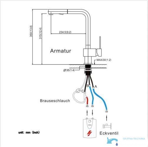 Misure tecniche e schema di collegamento del rubinetto da cucina NT1602