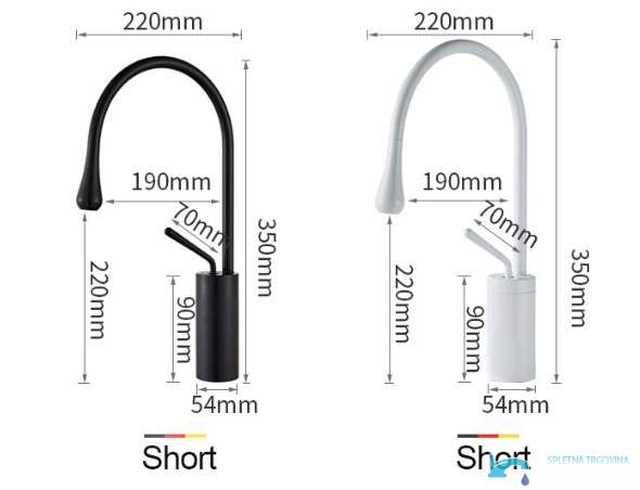 Dimensioni del rubinetto da bagno VB1116U nelle versioni nera e bianca