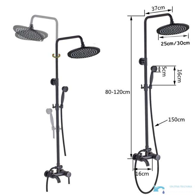 Misure del sistema doccia esterno EYN CKT2012 con altezza regolabile e flessibile da 150 cm