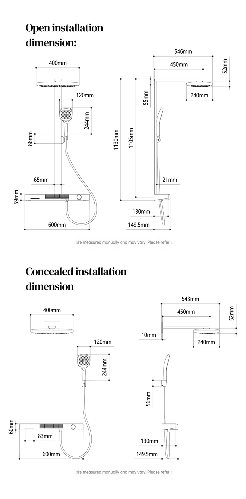 Tehnična risba termostatskega sistema za kad in prho (600 × 1130 × 546 mm)