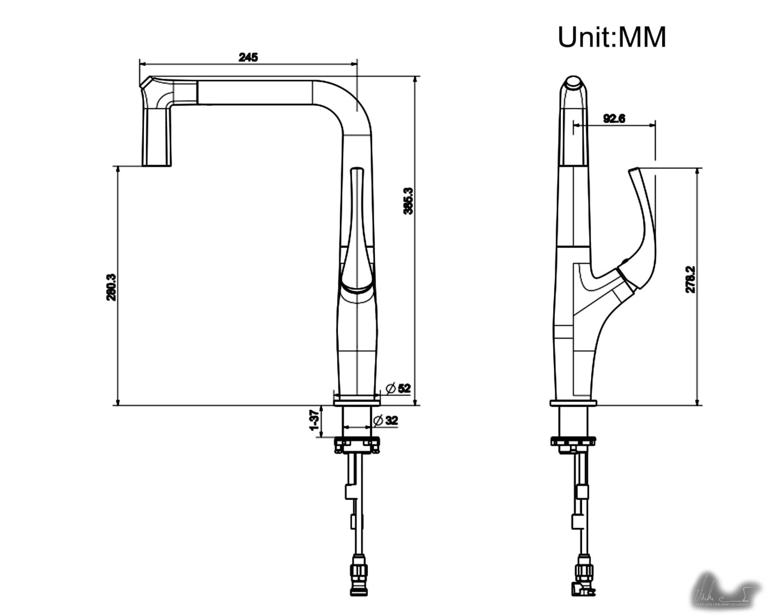 Technische Zeichnung der Küchenarmatur ELITE EDITION KF1013 mit 385,3 mm Höhe und 245 mm Ausladung