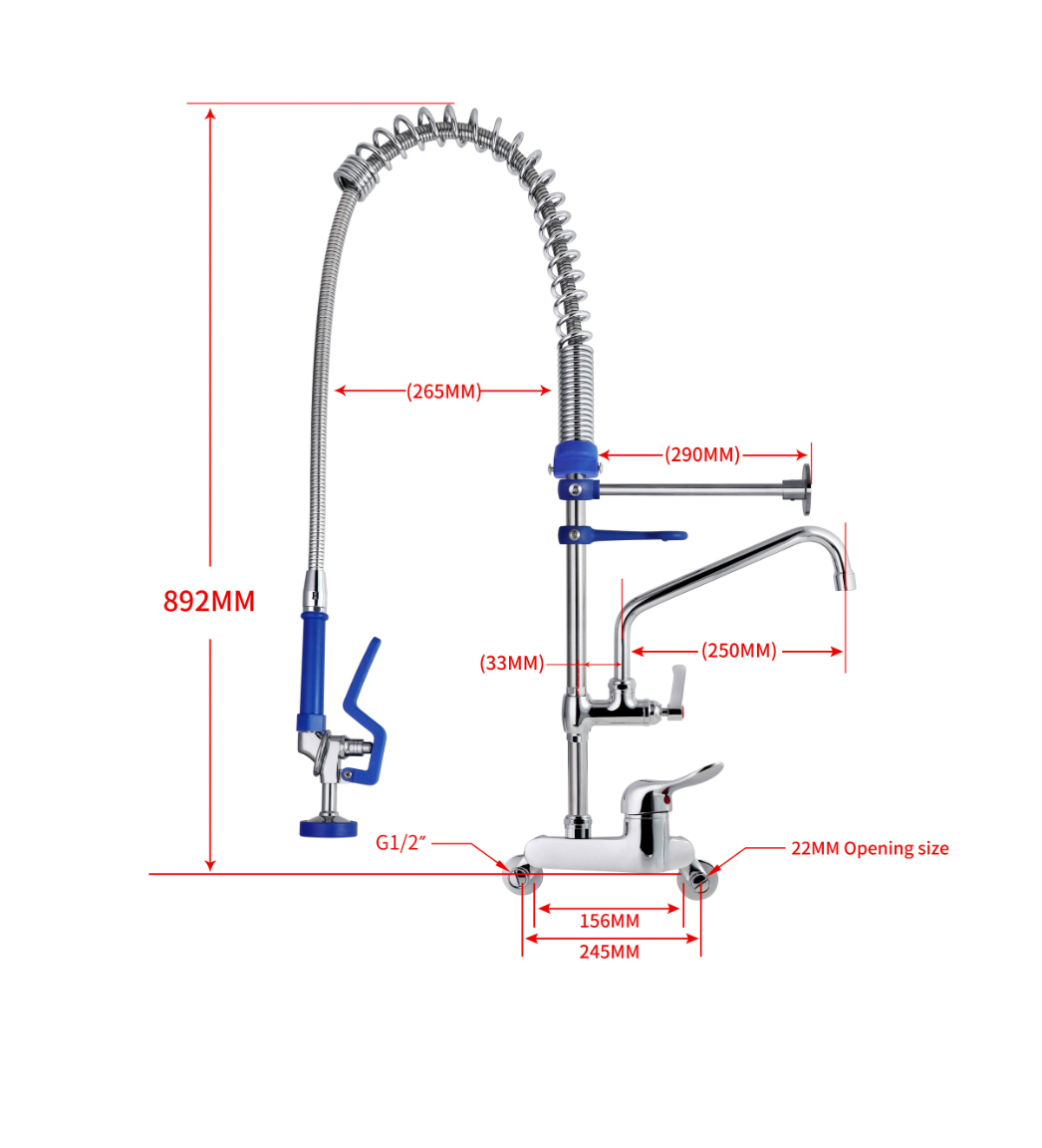 Misure del rubinetto professionale PRO1399 con raccordi G1/2 e installazione a parete