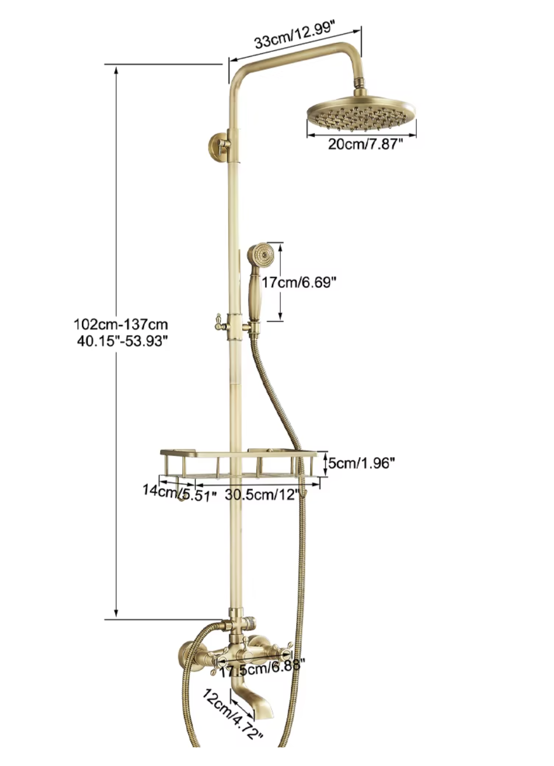 Dimensioni del sistema doccia esterno BSE1241 regolabile da 102 a 137 cm