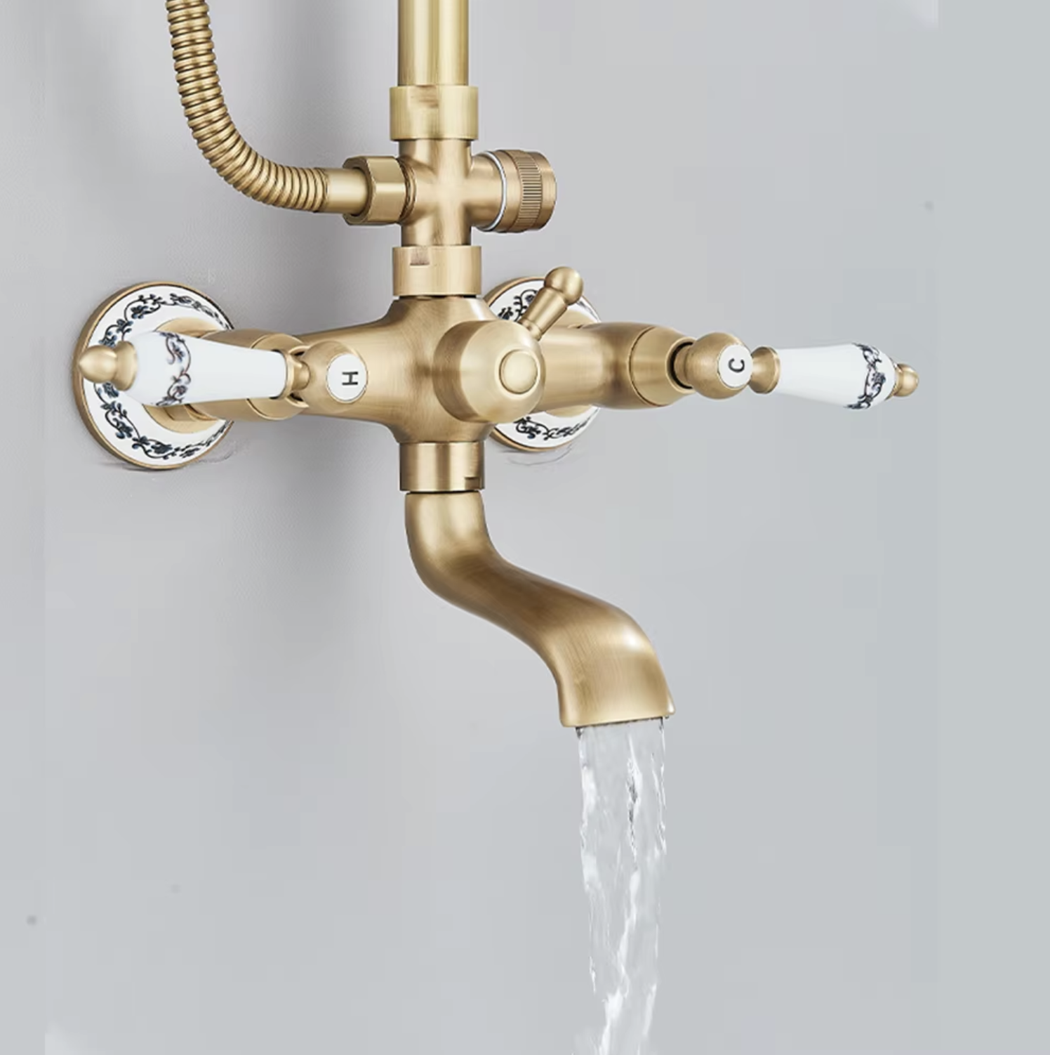 Sistema doccia esterno anticato con elementi in ceramica BSE1241 in ottone anticato spazzolato