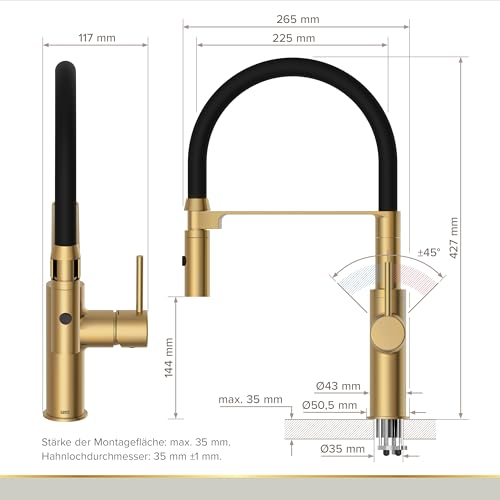 Disegno tecnico del rubinetto ELITE EDITION KF1445, alto 427 mm e largo 265 mm
