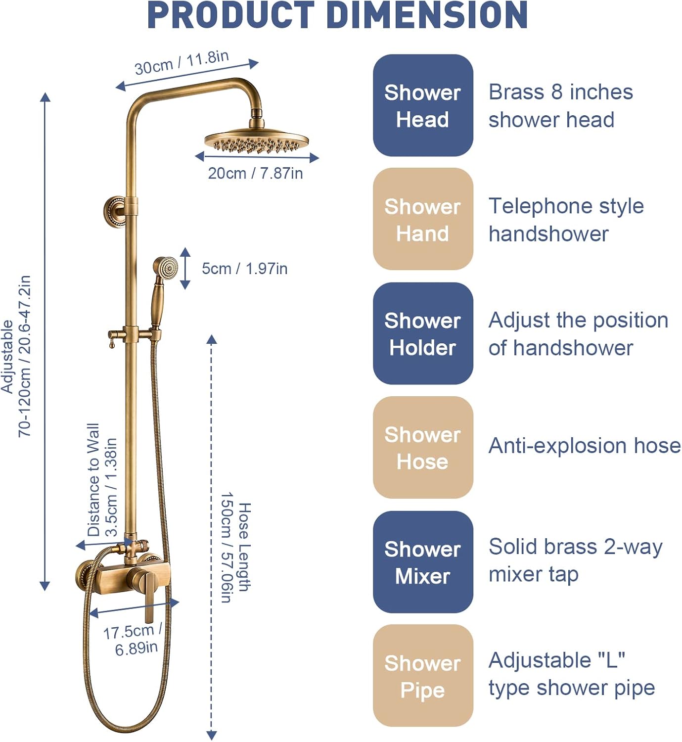 Dimensioni del sistema doccia ELITE EDITION BSE1508 regolabile in altezza