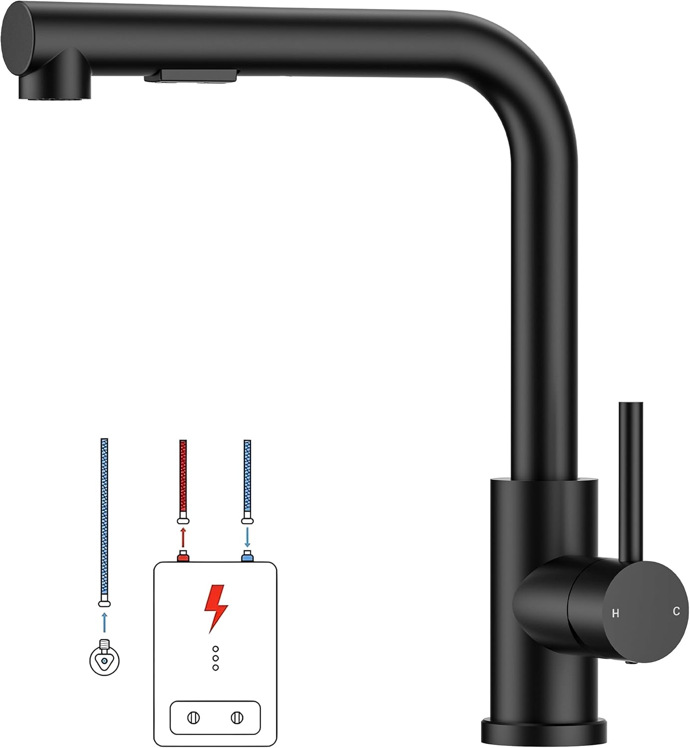 Low-Pressure Kitchen Tap, Single Lever Hot and Cold Water Tap, Tap with 3 Connections for Boilers, Suitable for Boilers and Under-Sink Boilers, Mat Zwart