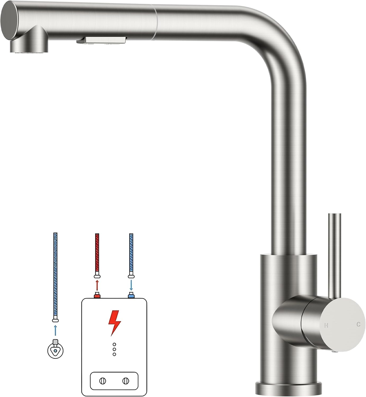 Low-Pressure Kitchen Tap, Single Lever Hot and Cold Water Tap, Tap with 3 Connections for Boilers, Suitable for Boilers and Under-Sink Boilers, Mat Zwart