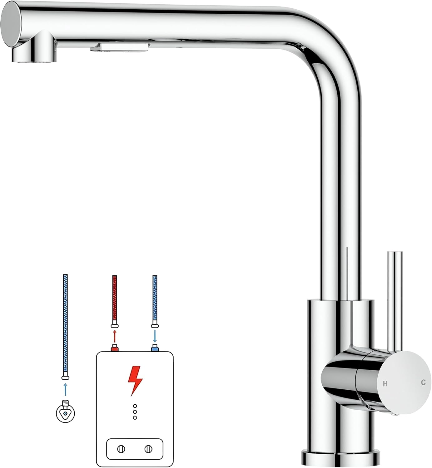 Low-Pressure Kitchen Tap, Single Lever Hot and Cold Water Tap, Tap with 3 Connections for Boilers, Suitable for Boilers and Under-Sink Boilers, Mat Zwart