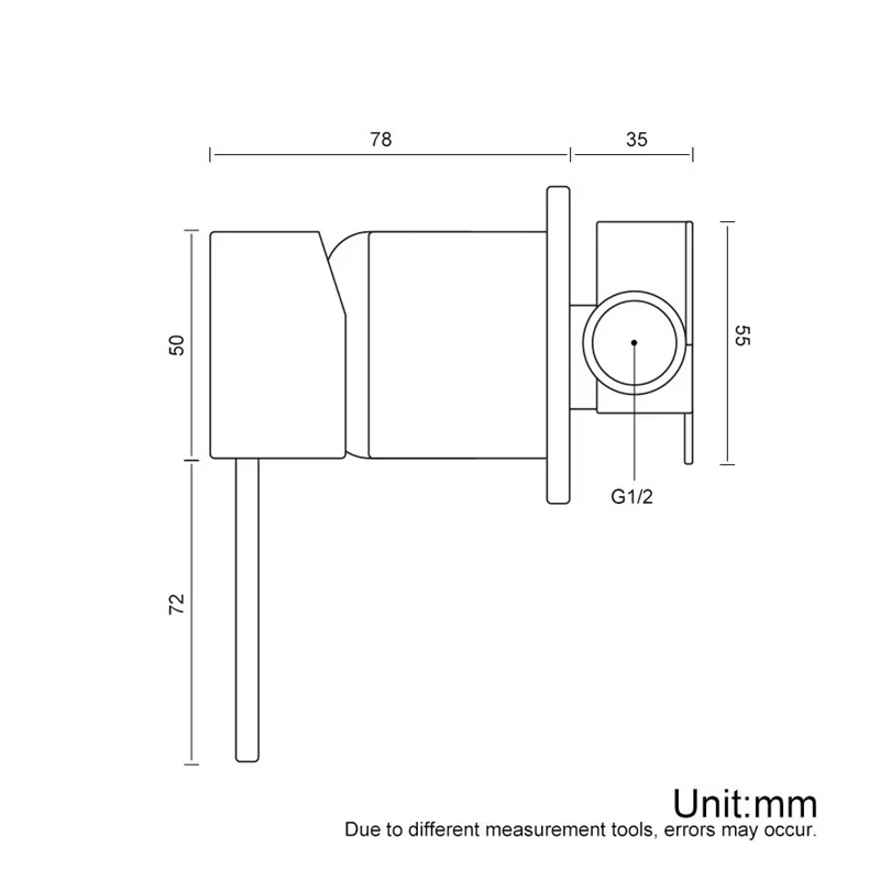 Tehnična risba kopalniške armature EYN BFP1543 z merami 78 mm, 35 mm, 50 mm, 72 mm in priključkom G1/2
