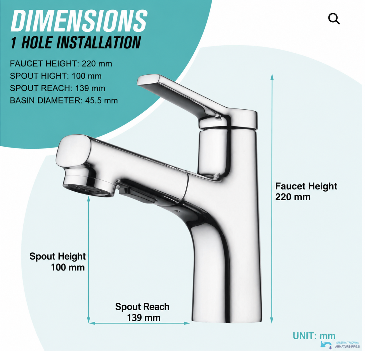 Dimensioni del rubinetto bagno KZI8705 cromato: altezza 220 mm, sporgenza 139 mm