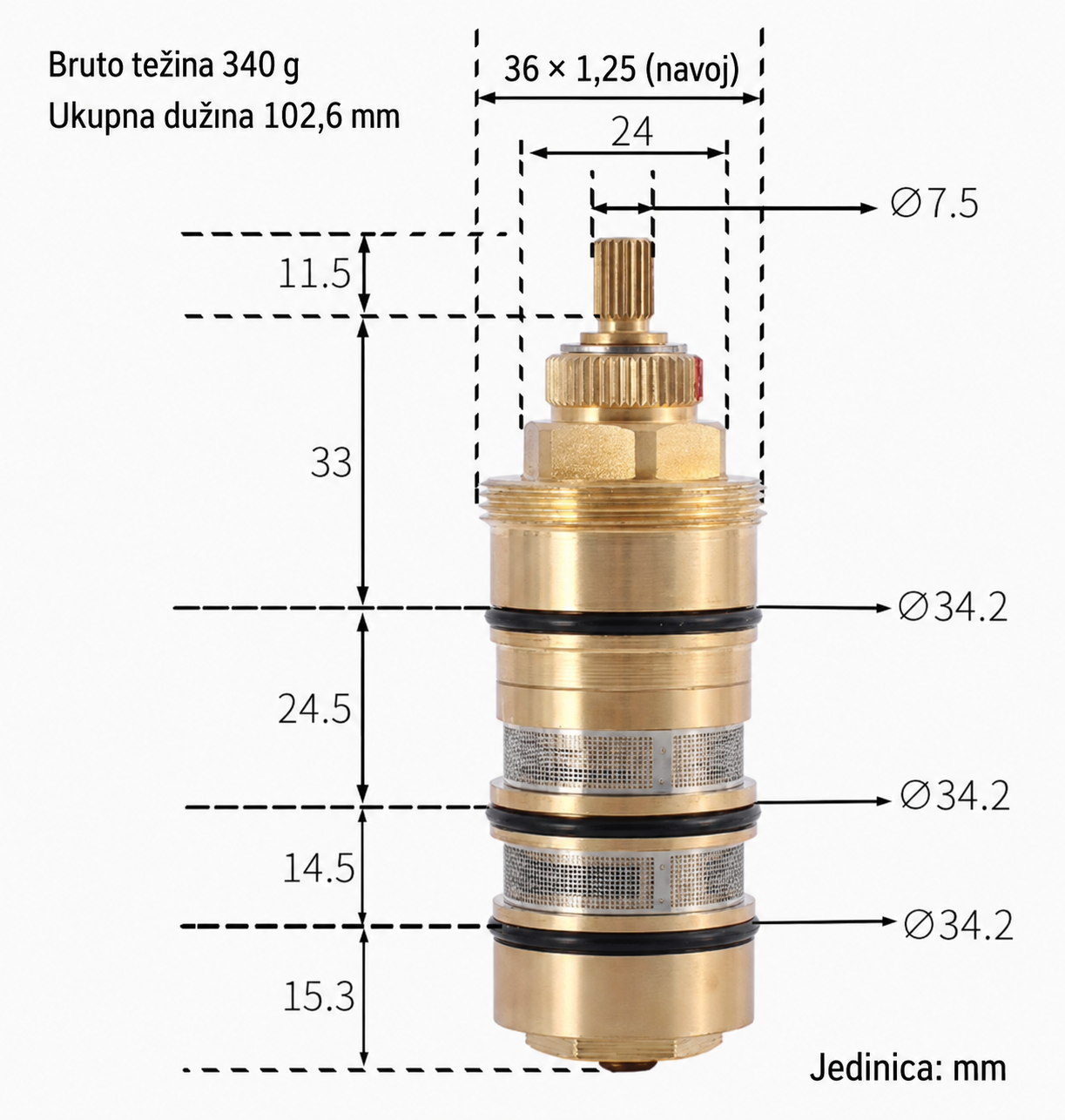 Disegno tecnico elemento PRO20071 (102,6 mm, Ø34,2 mm, filetto 36×1,25)