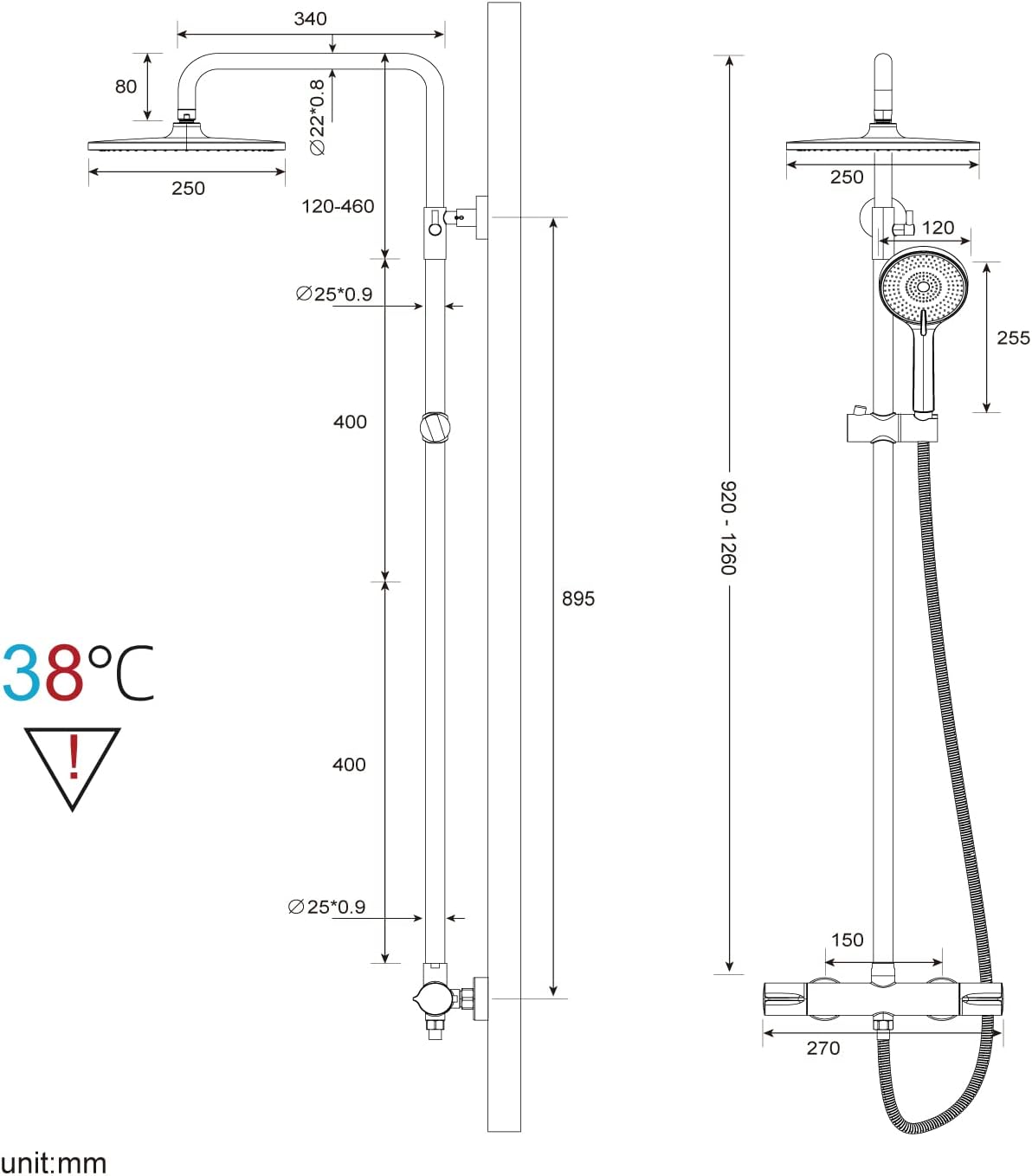 Termostatski mešalnik ELITE EDITION BSE1603 v mat črni izvedbi z oznako 38 °C