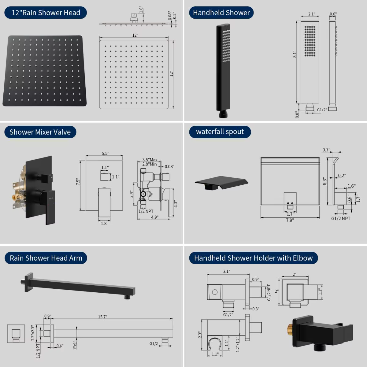 Disegno tecnico Us Local Stock Matte Black 12 ELITE EDITION BSW1679 (soffione 12 in, attacchi G1/2)