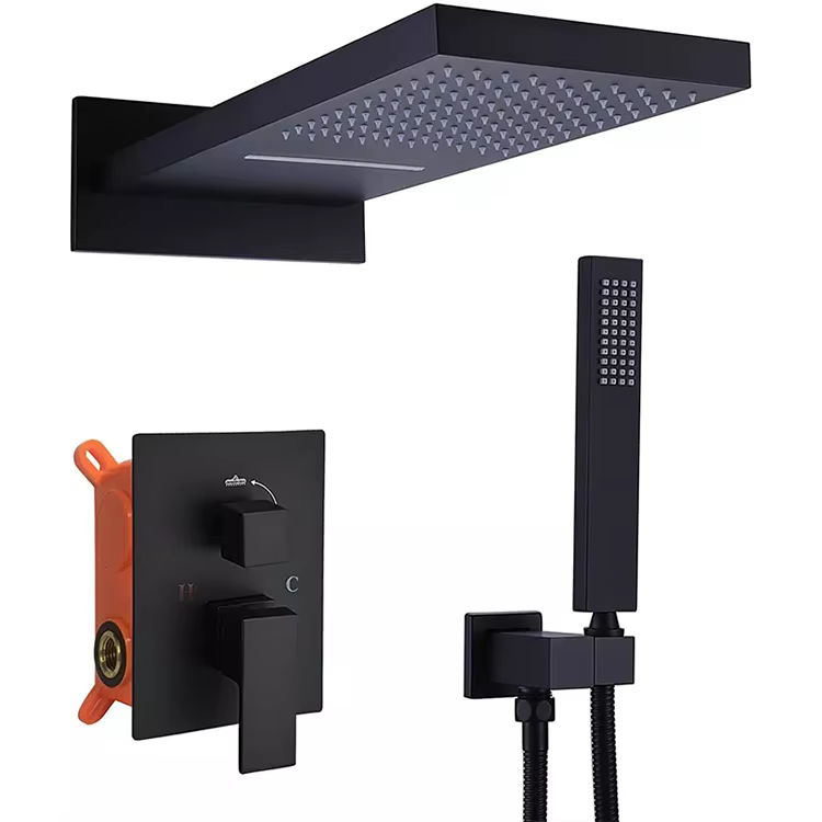 Sistema doccia di lusso in ottone nero ELITE EDITION BSC1682 con getto a cascata e pioggia, nero opaco