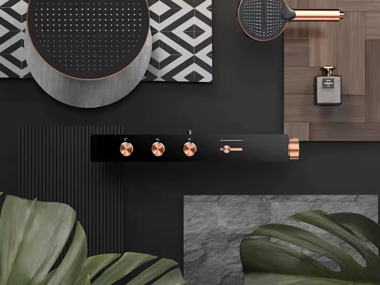 Doccia ELITE EDITION BSW1727 nero e oro rosa spazzolato ambientata in bagno