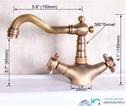 Misure del rubinetto lavabo anticato ANT2309: altezza 155 mm, sporgenza 150 mm