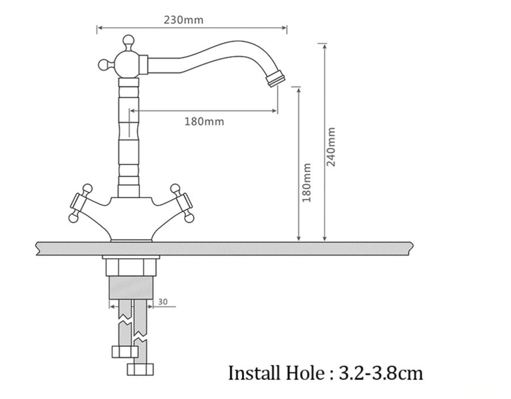 Disegno tecnico del rubinetto lavabo anticato ANT2309 (230 × 240 mm)