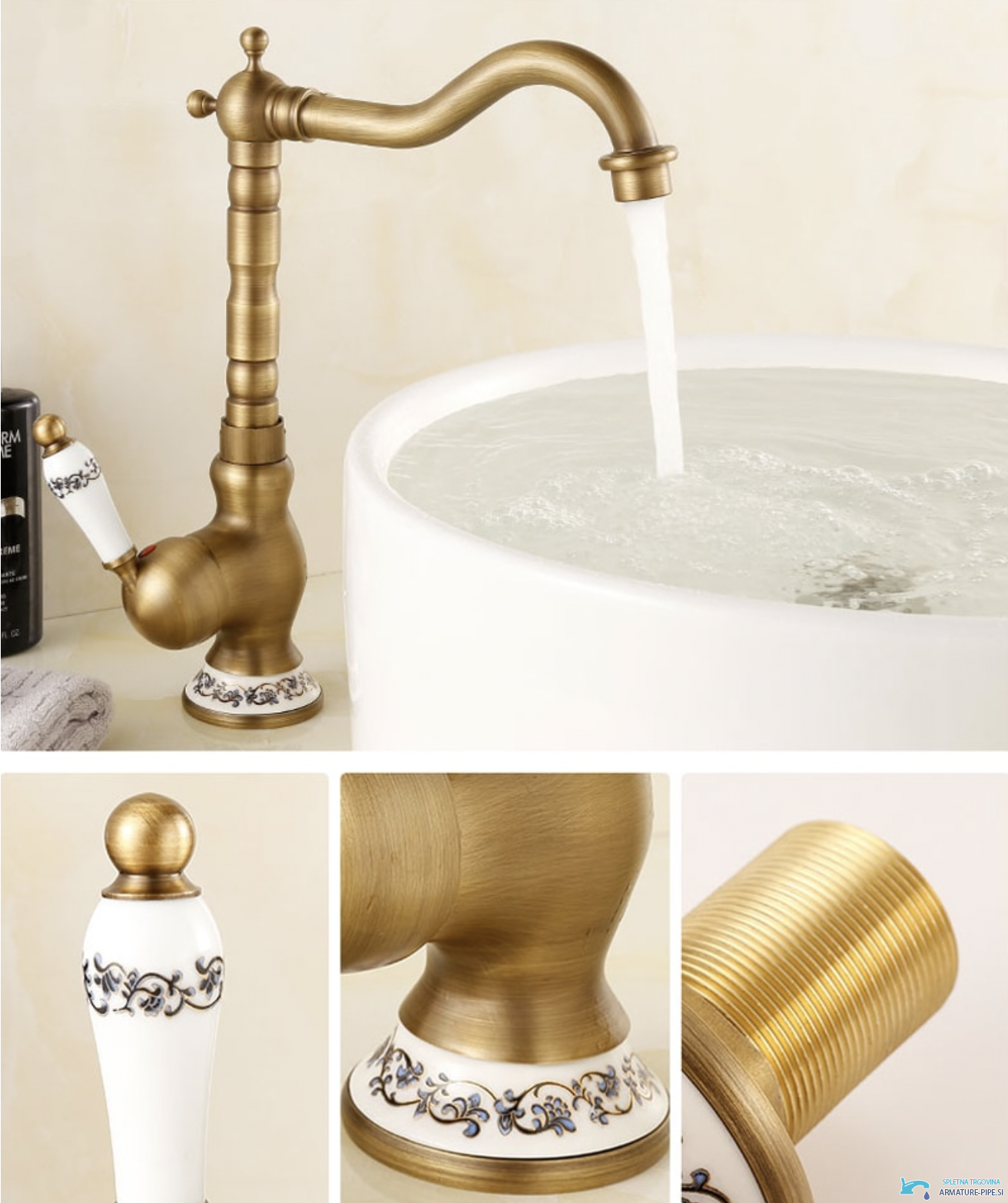 Rubinetto alto AQ1129 con ceramica e finitura ottone anticato spazzolato