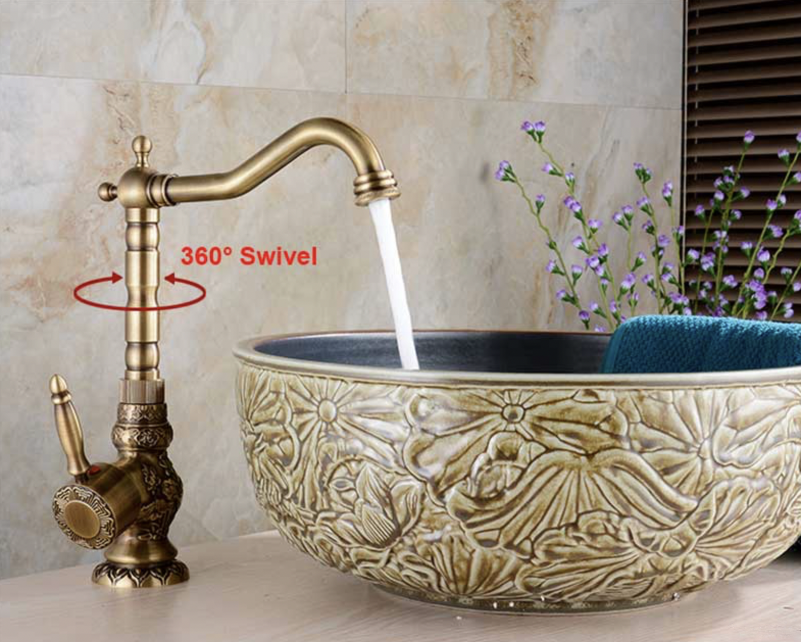 Rubinetto anticato AQB1600 con lavabo da appoggio decorato