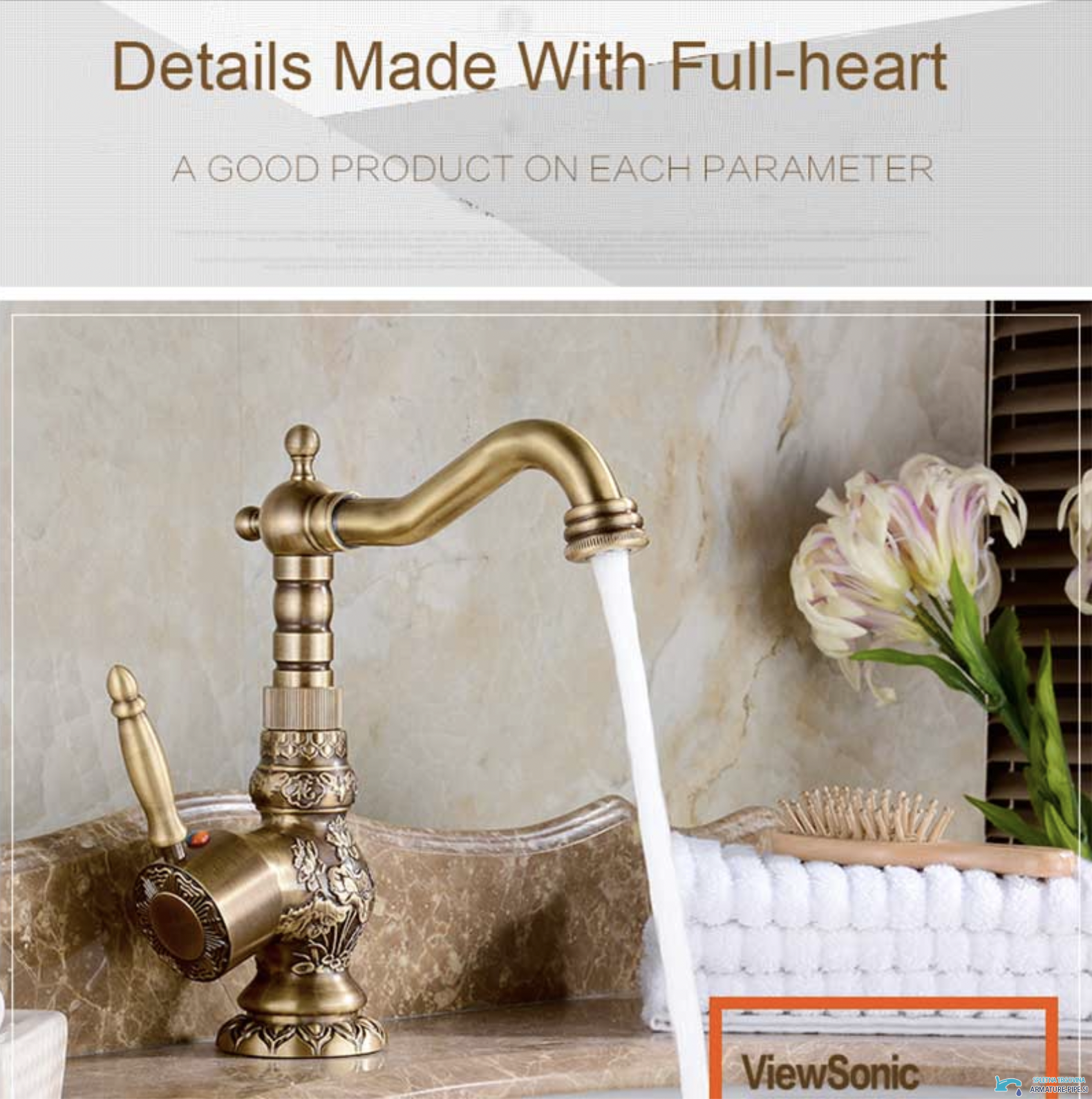 Specifiche del rubinetto lavabo AQB1600: bocca alta ad arco e base decorata