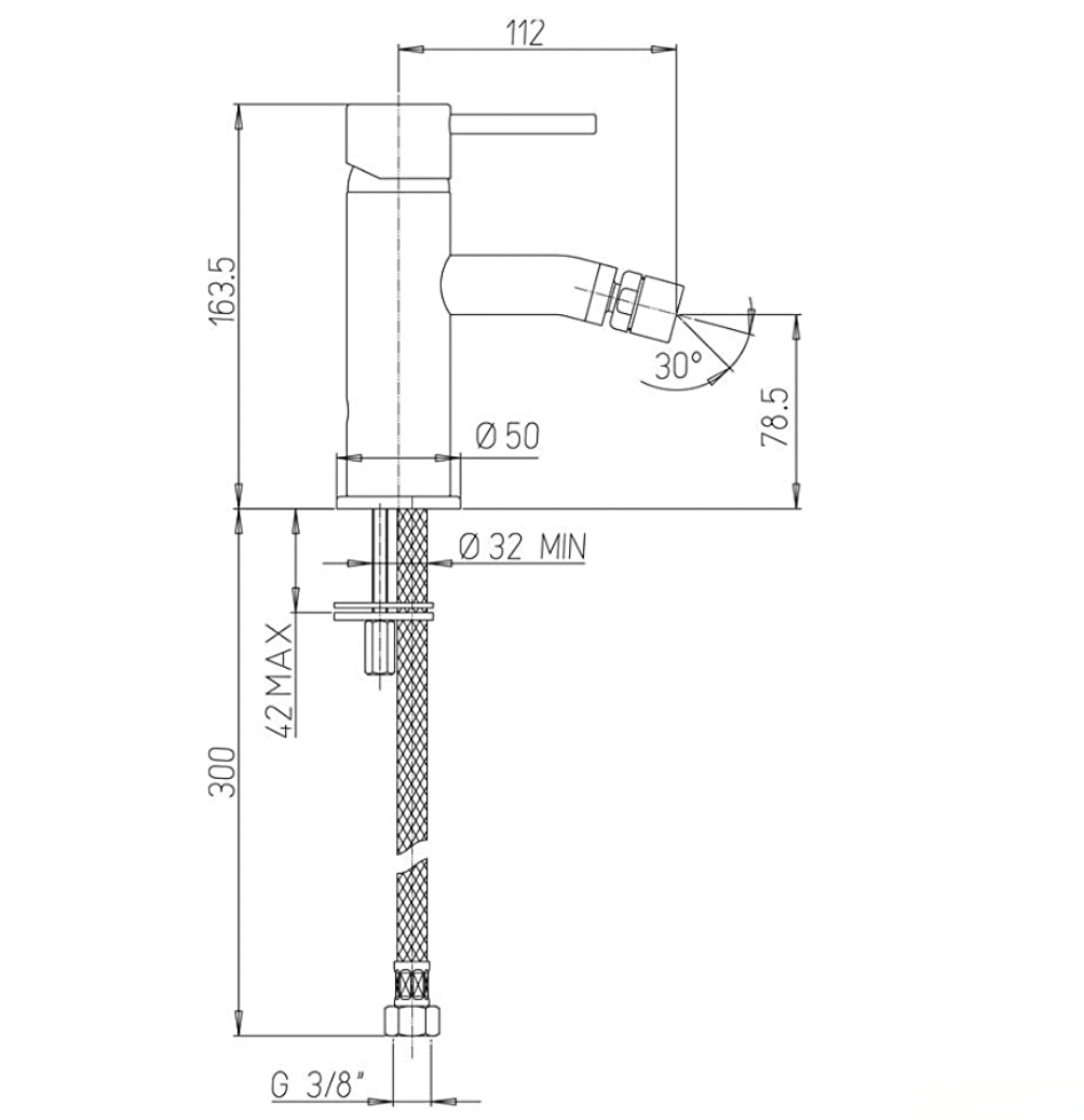 Disegno tecnico del rubinetto per bidet BB1402 (163,5 mm, G 3/8 pollici)