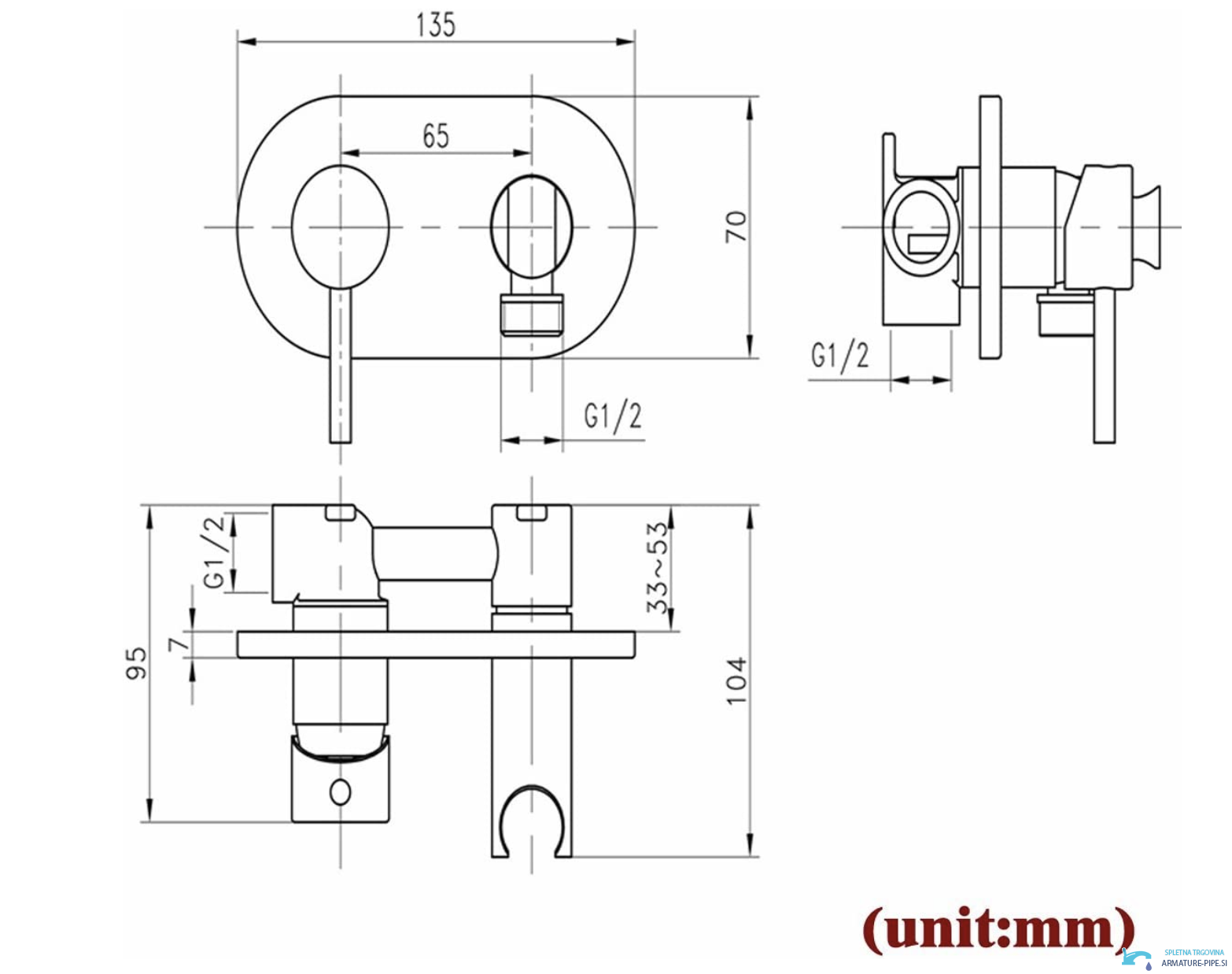 Schema dimensionale del miscelatore per bidet da incasso BB1637 con raccordi G1/2