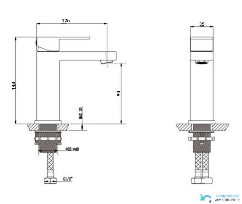 Disegno tecnico del rubinetto bagno BC1320 (148 × 125 × 35 mm, G1/2)