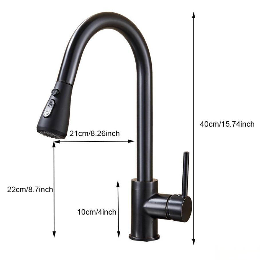 Disegno tecnico del miscelatore BI1410: altezza 40 cm, sporgenza 21 cm e altezza bocca 22 cm