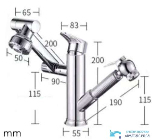 Disegno tecnico del miscelatore EYN BIO1546, altezza 200 mm e base 55 mm