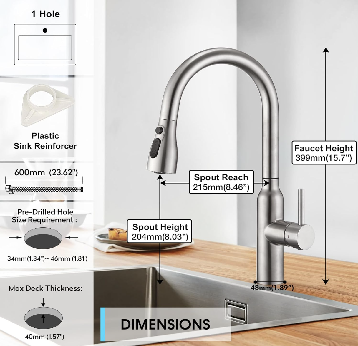 Dimensioni del miscelatore da cucina BKS1299 per installazione monoforo