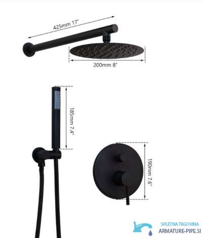 Specifiche sistema doccia da incasso EYN BP1225: soffione da 200 mm e braccio da 425 mm