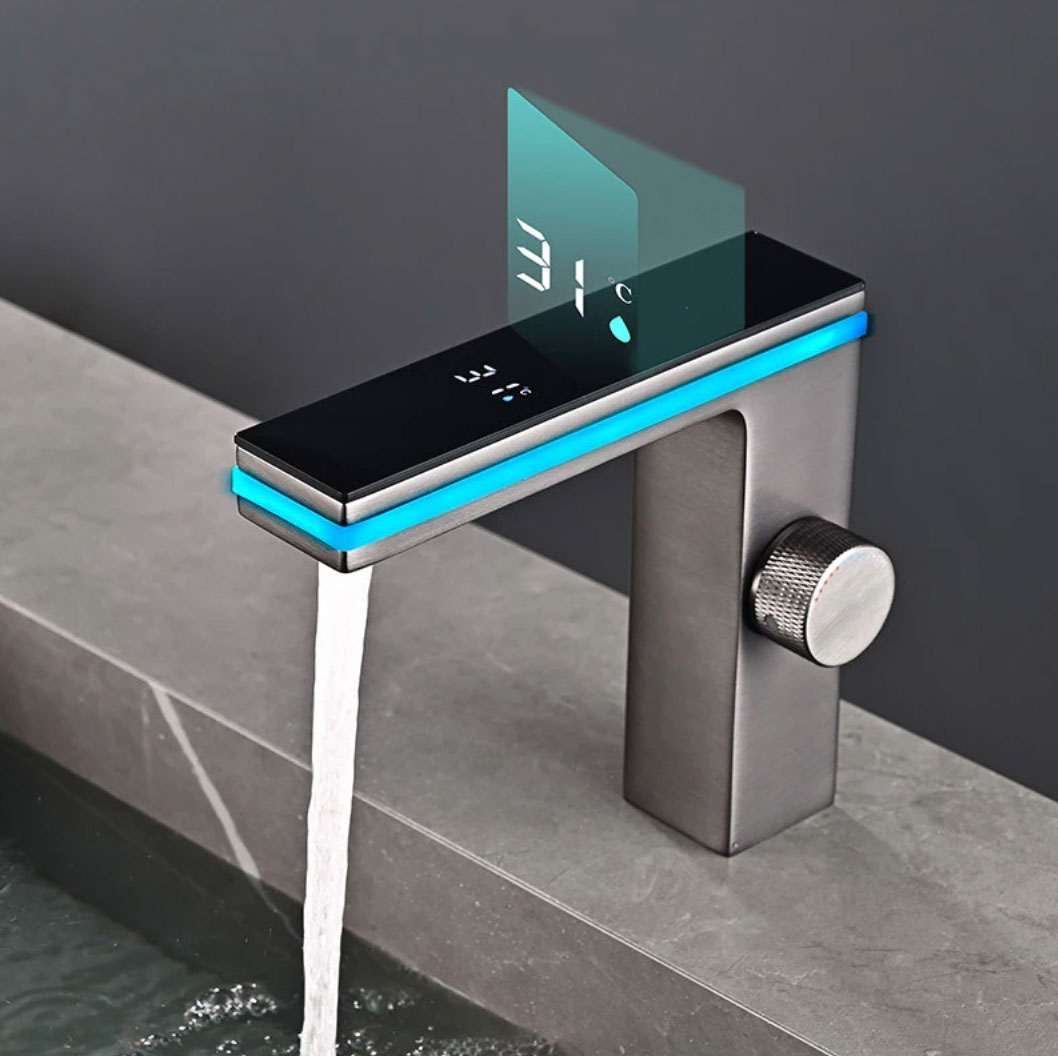 Rubinetto lavabo ELITE EDITION BS1826 con display LED della temperatura, grigio canna di fucile spazzolato