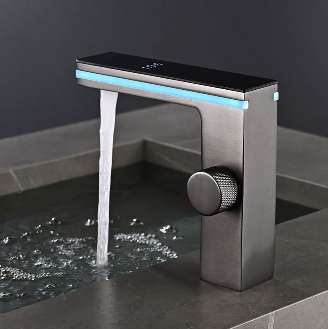Rubinetto lavabo ELITE EDITION BS1826 frontale con bocca ampia, fascia LED e manopola