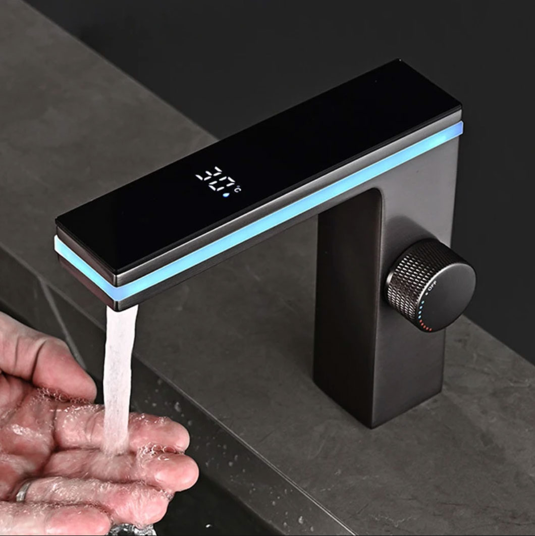 Rubinetto lavabo ELITE EDITION BS1826 grigio canna di fucile spazzolato con display LED della temperatura