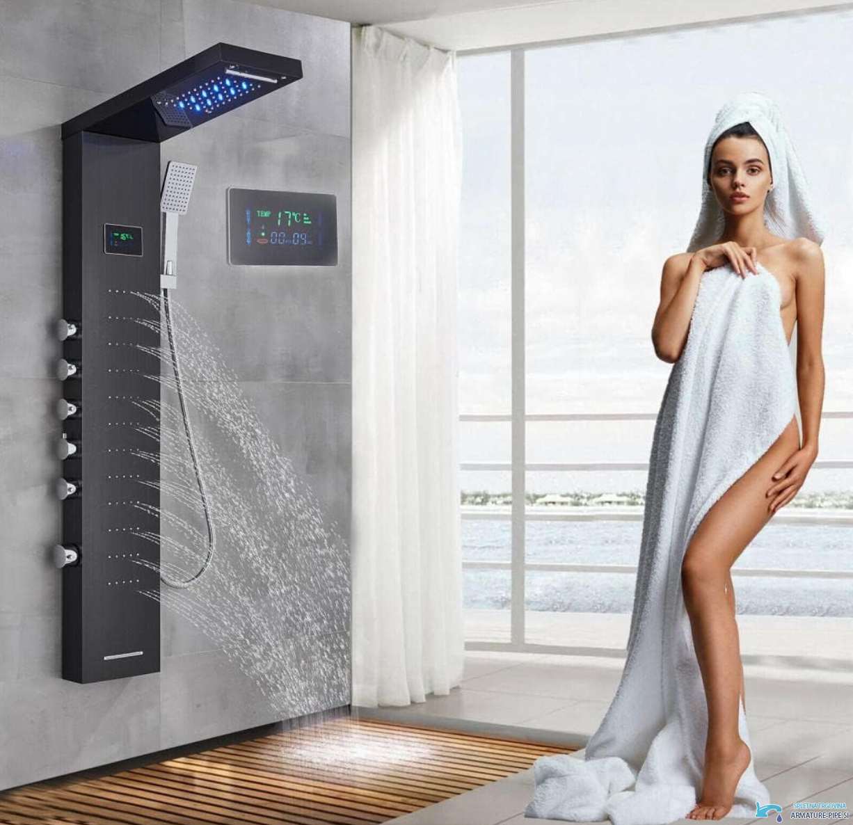 Sistema doccia a parete EYN BSP2040 in uso in un bagno moderno