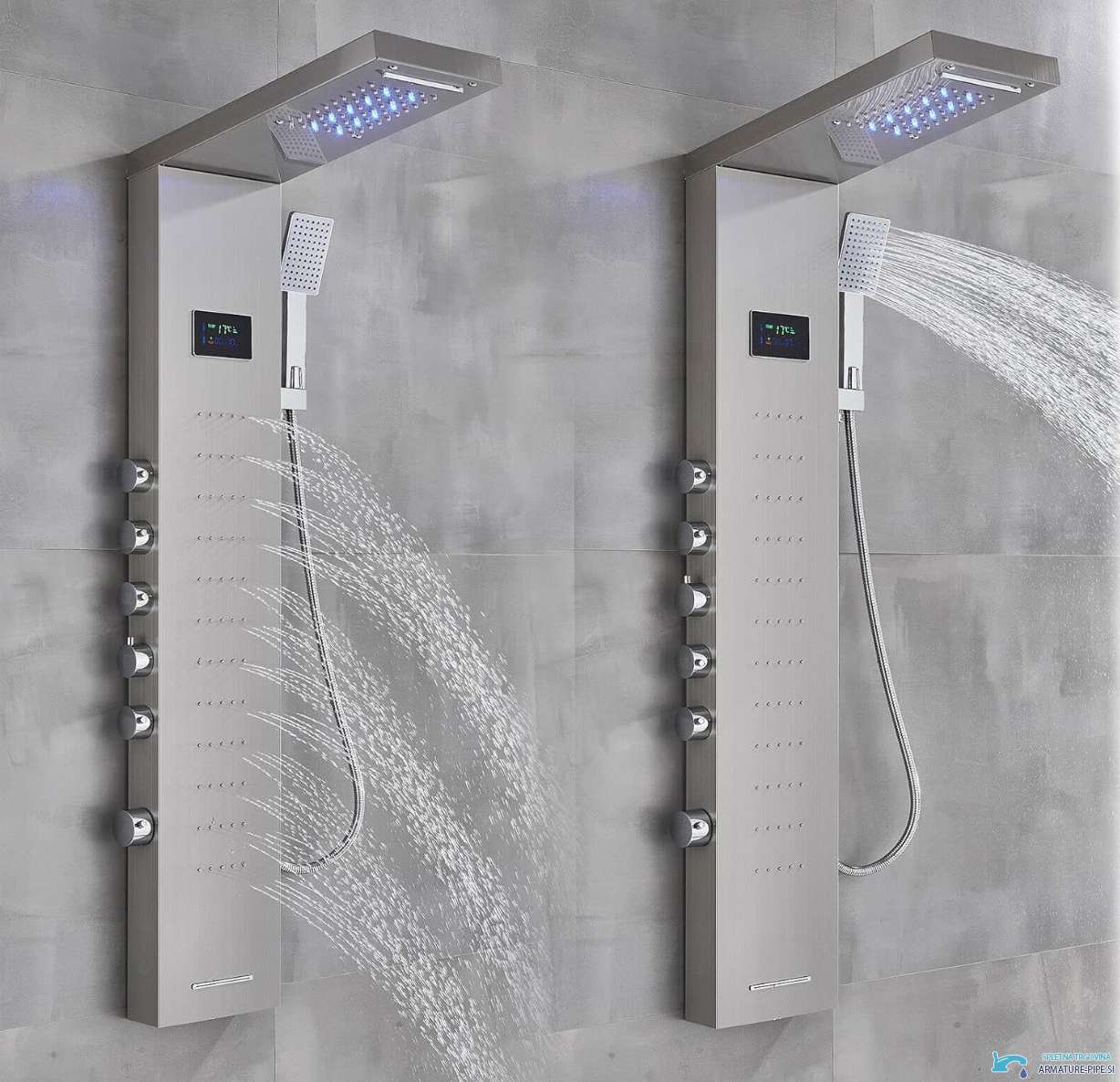 Sistema doccia a parete EYN con display LED BSP2040 in finitura argento spazzolato