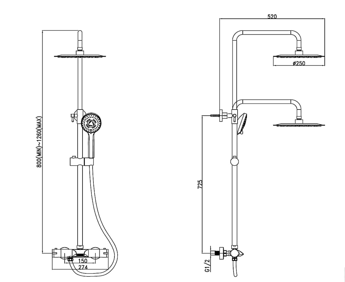Dimensioni del sistema doccia termostatico BST1105 con interasse di 150 mm e collegamento G1/2