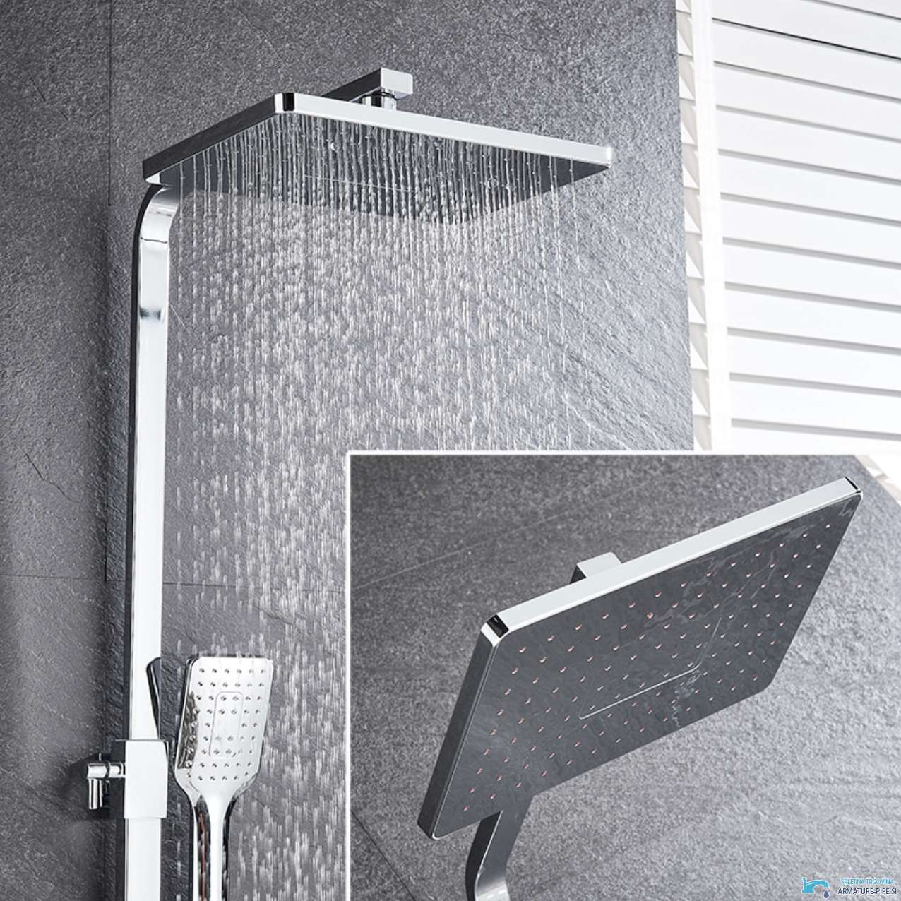 Dettaglio soffione quadrato del sistema doccia esterno BT1048