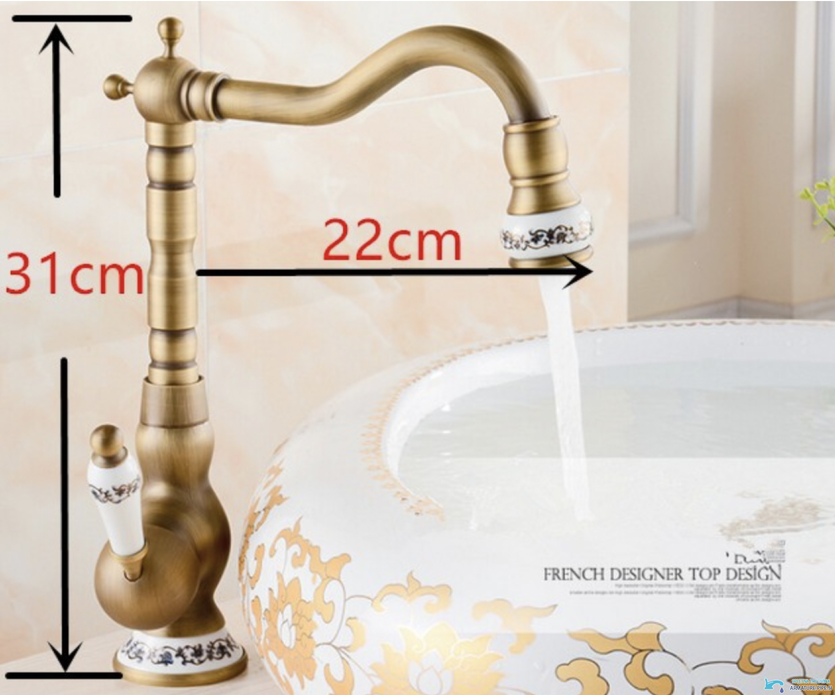Misure del rubinetto antico BV46982 con inserto in ceramica: altezza 31 cm, sporgenza 22 cm