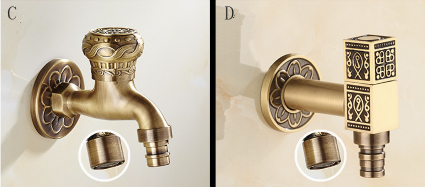 Rubinetto a parete EYN CW1530 — due varianti decorative color ottone anticato